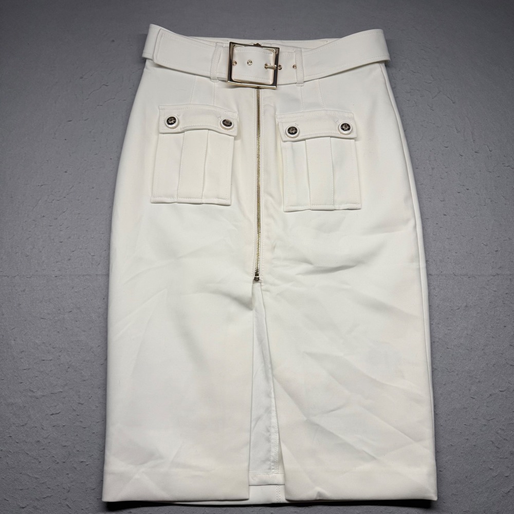White House Black Market Skirt Womens 4 Pocket Pencil Midi Belted Gold Zip NWT